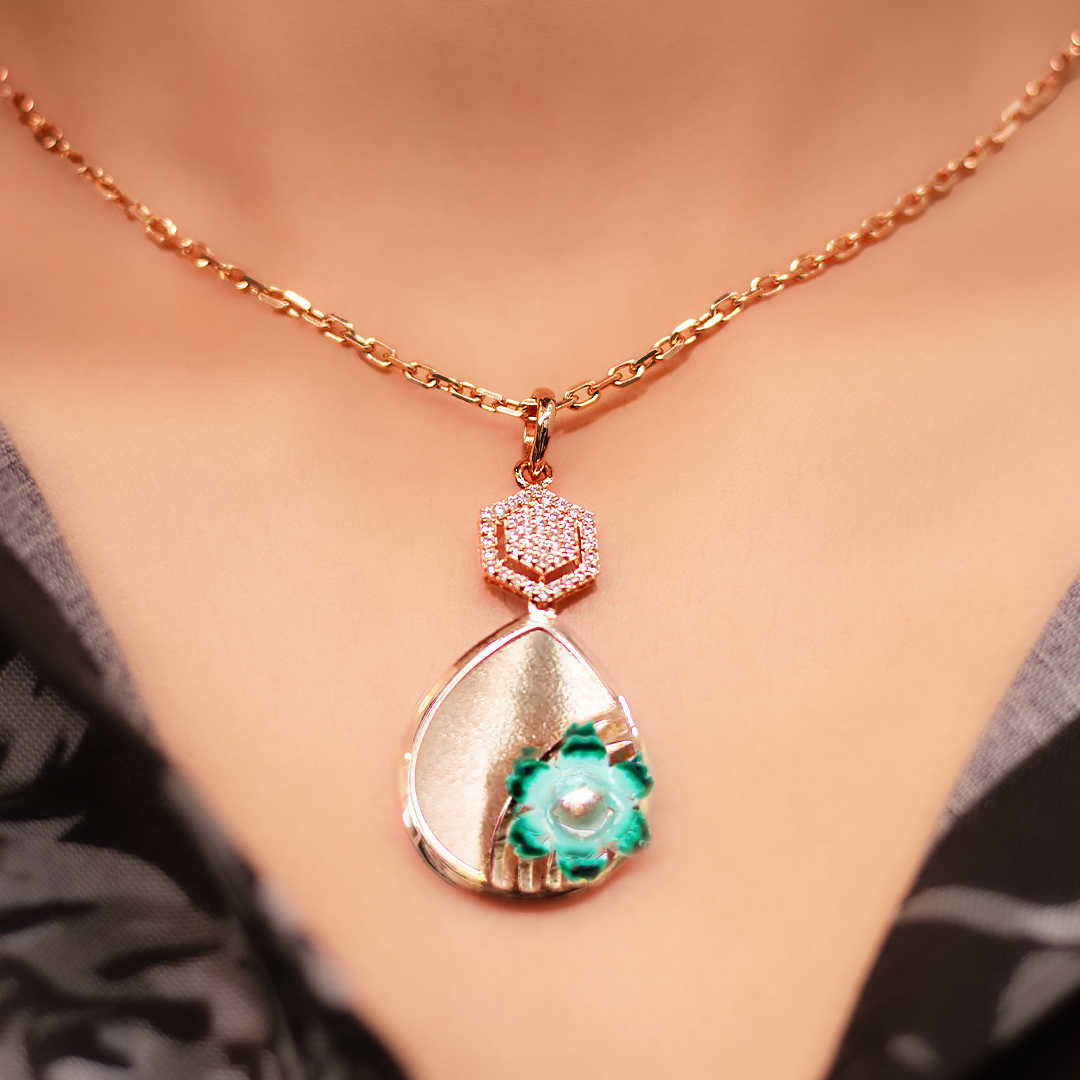 Rose Gold Teardrop Bloom Pendant With Link Chain