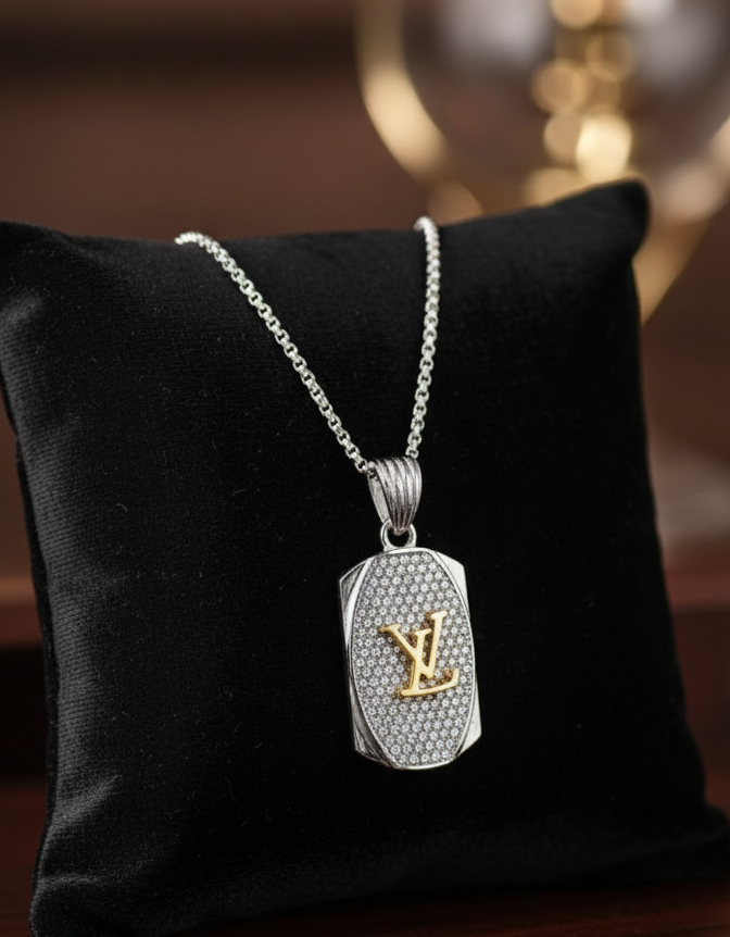 Silver LV Zircon Pendant with Link Chain