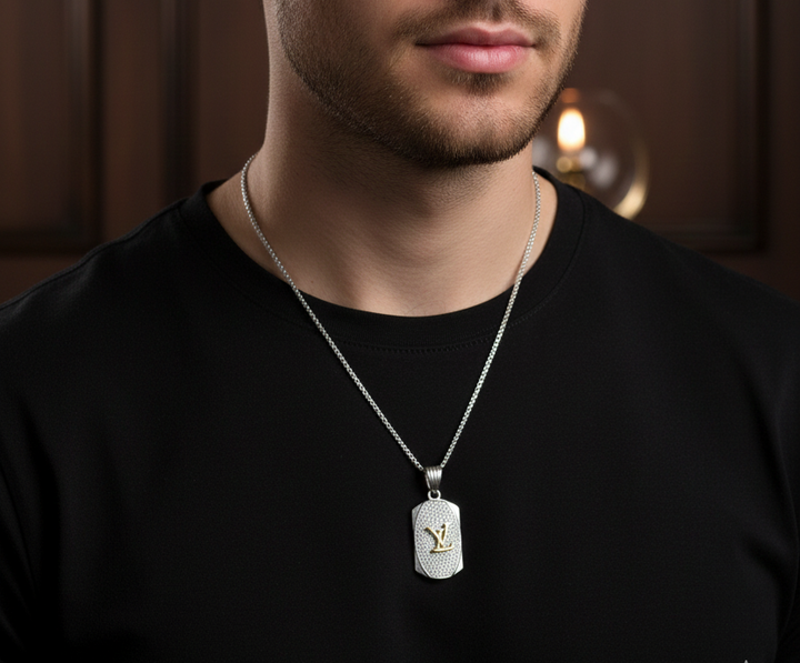 Silver LV Zircon Pendant with Link Chain