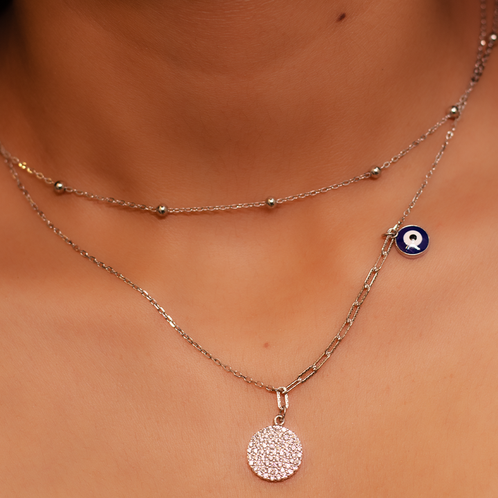 Silver Double Chain Necklace with Evil Eye