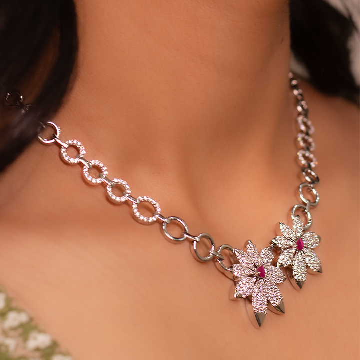 Silver Flower Necklace with Zircon