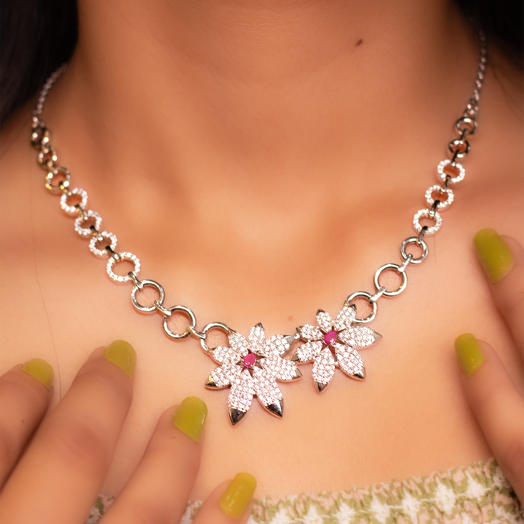Silver Flower Necklace with Zircon