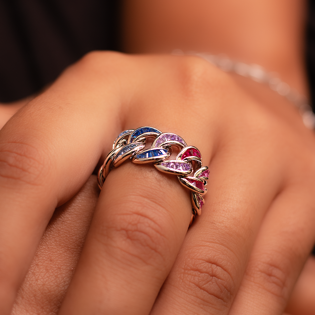 Silver Cubic Multicolor Ring