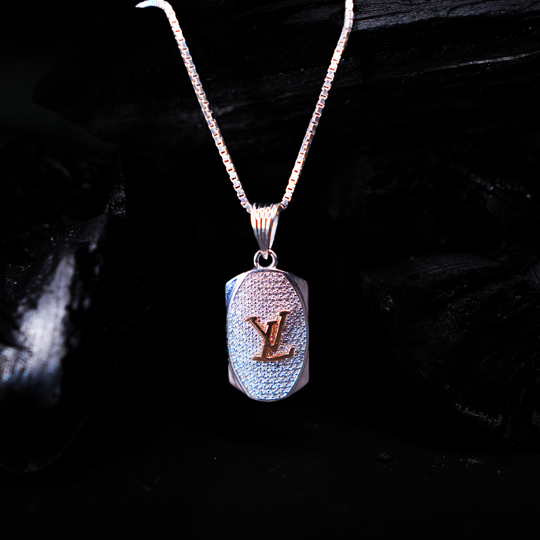Silver LV Zircon Pendant with Link Chain