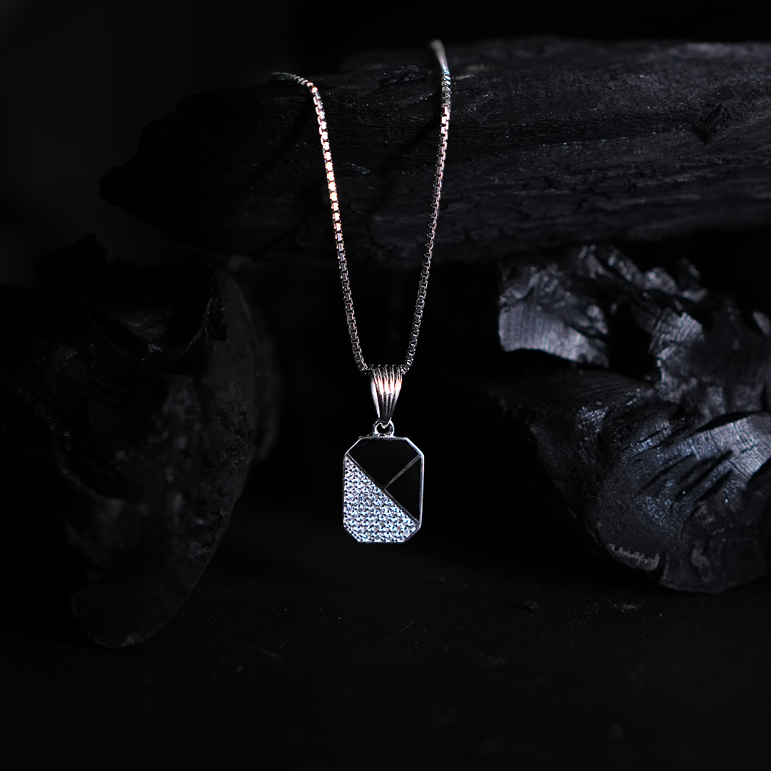 Stylish Silver Funky Geometric Black Square Pendant with link chain