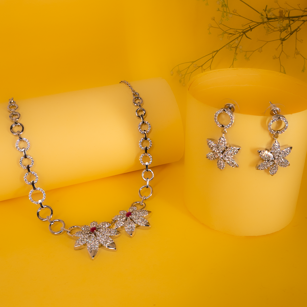 Silver Flower Necklace with Zircon