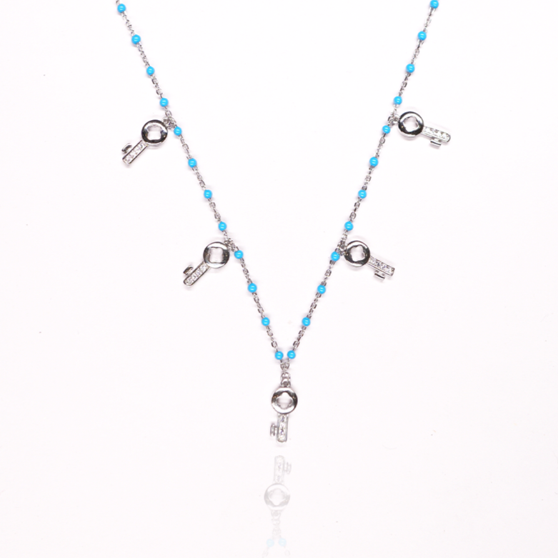 SILVER BLUE CRYSTAL WITH 5 KEY SYMBOL NECKLACE