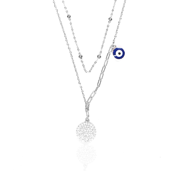 Silver Double Chain Necklace with Evil Eye