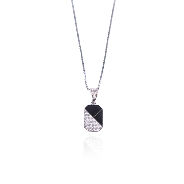 Stylish Silver Funky Geometric Black Square Pendant with link chain