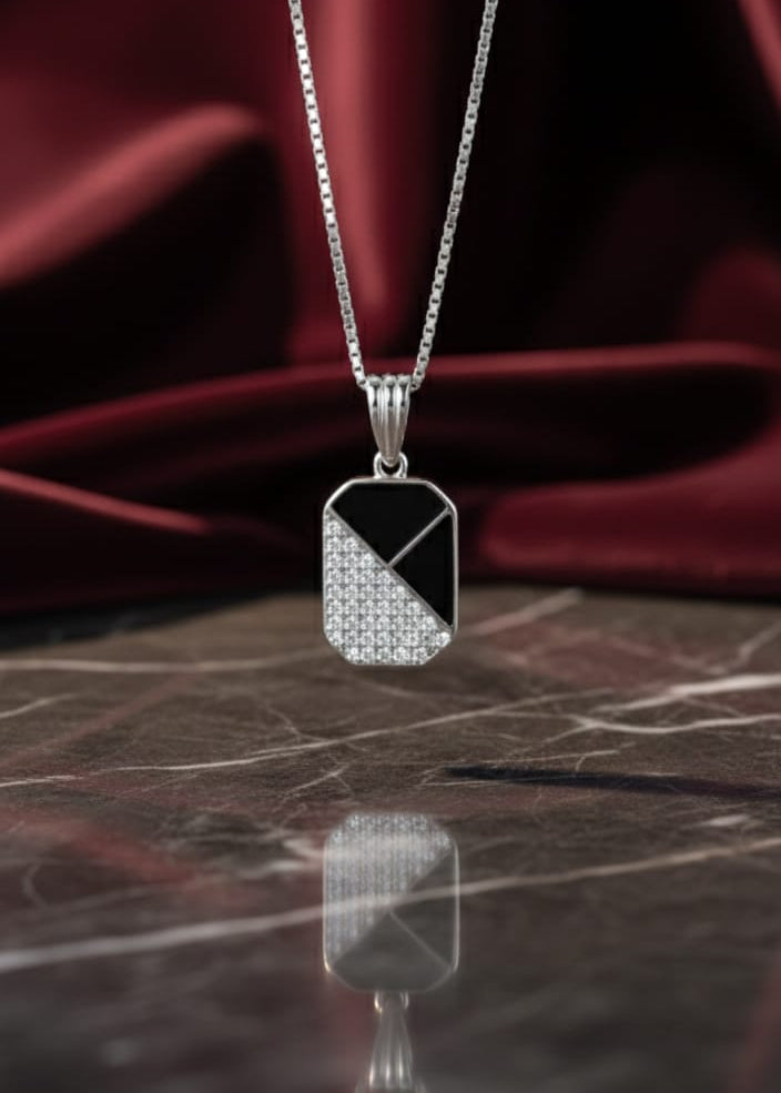 Stylish Silver Funky Geometric Black Square Pendant with link chain