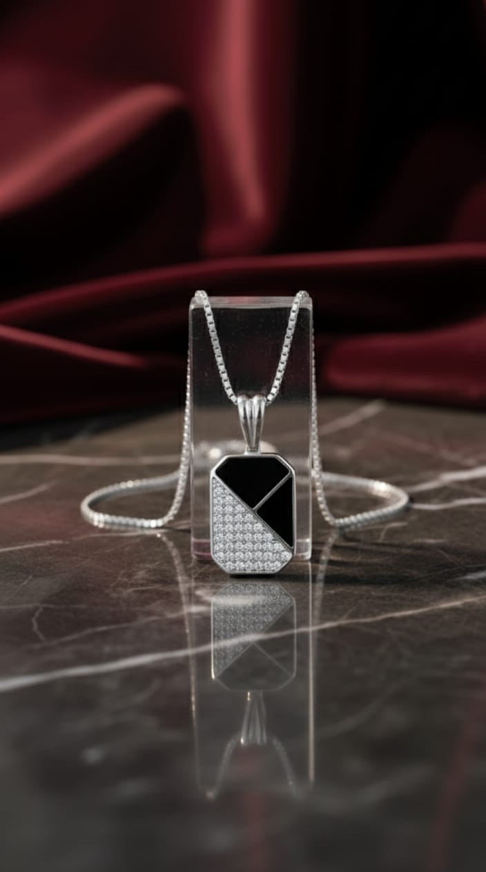 Stylish Silver Funky Geometric Black Square Pendant with link chain