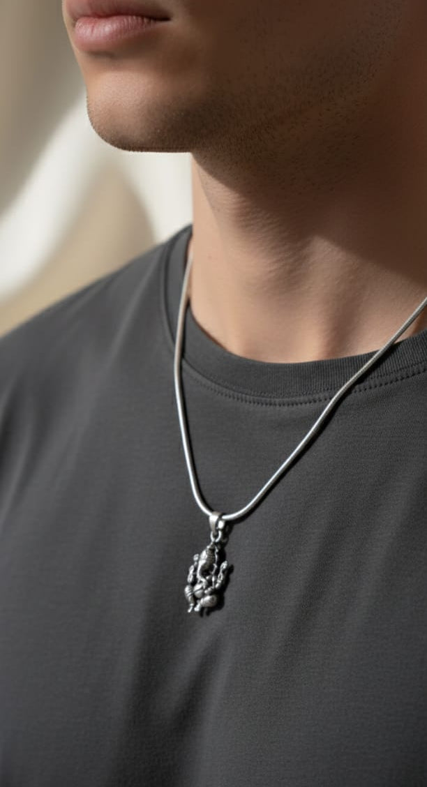 Oxidised Ganpati Blessings 3D Pendant With Link Chain