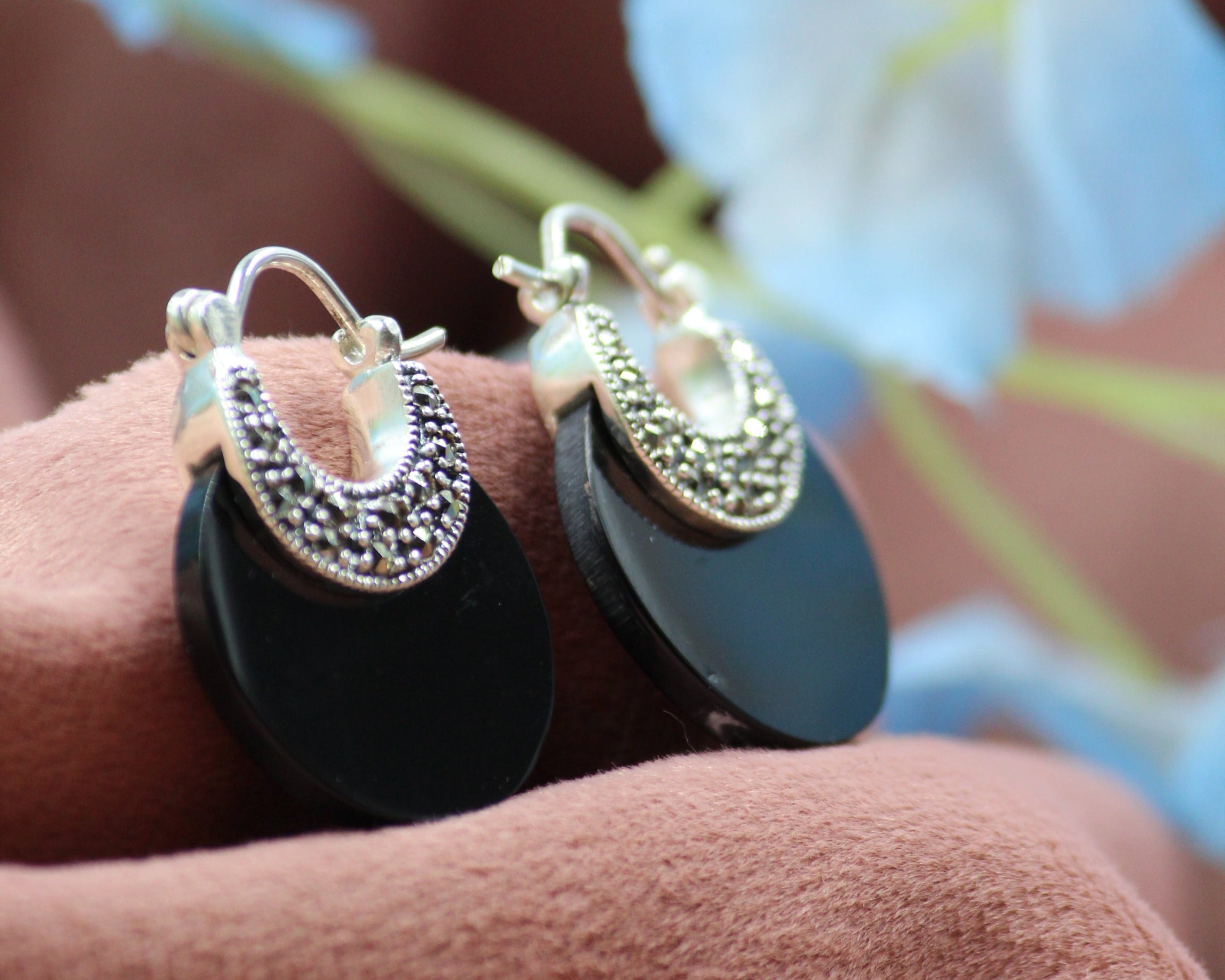 Silver Oxidized Earrings with Natural Black