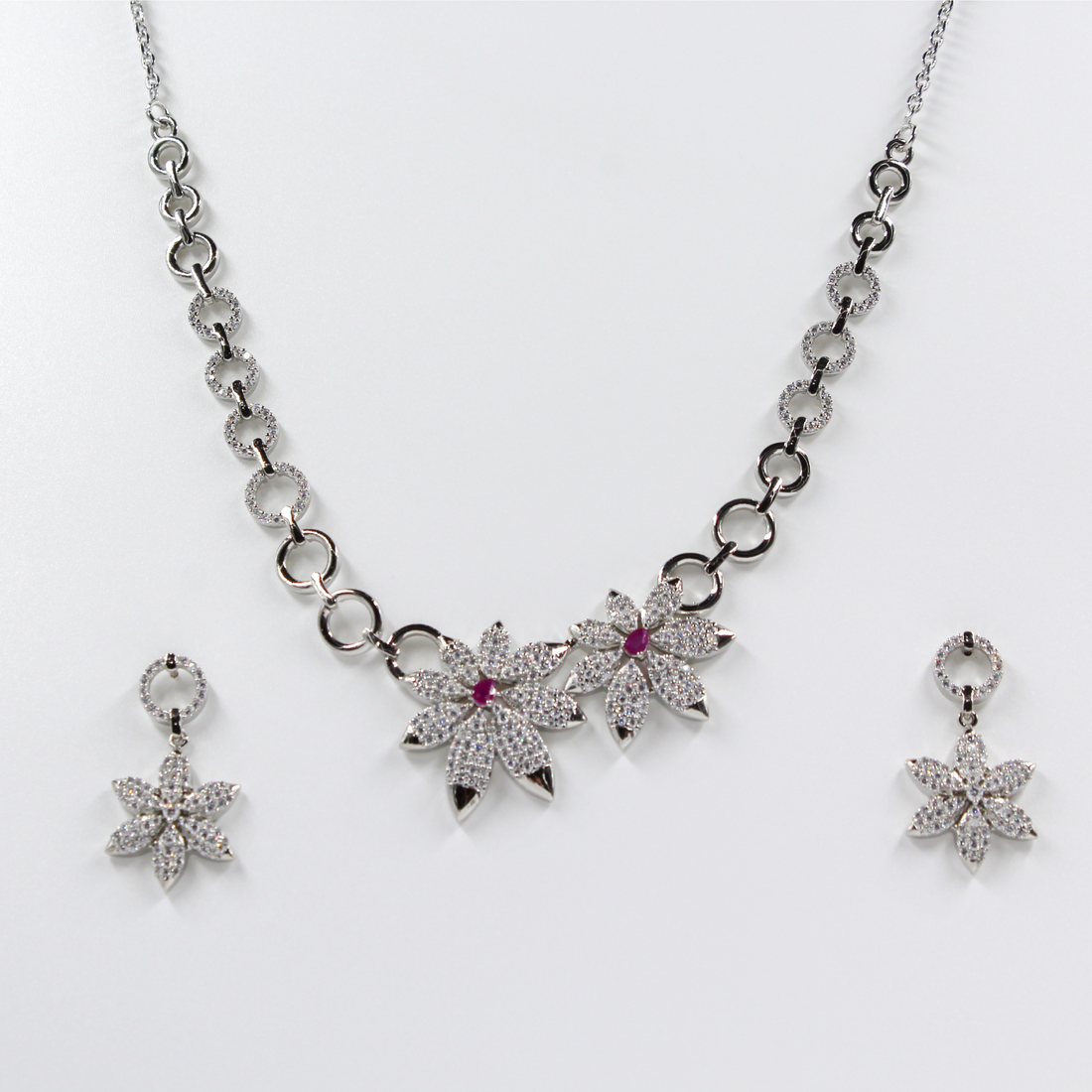 Silver Flower Necklace with Zircon