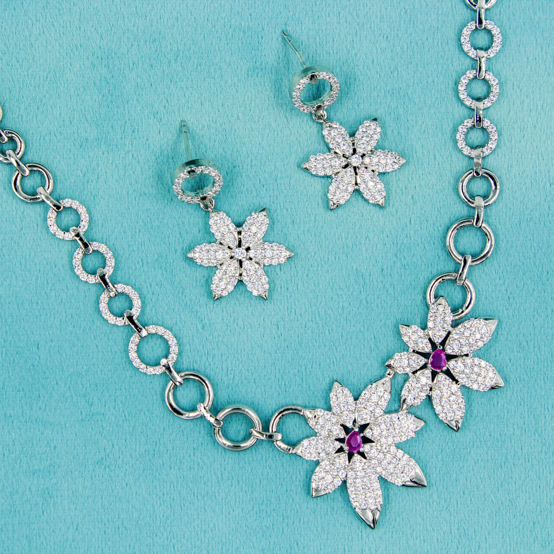 Silver Flower Necklace with Zircon