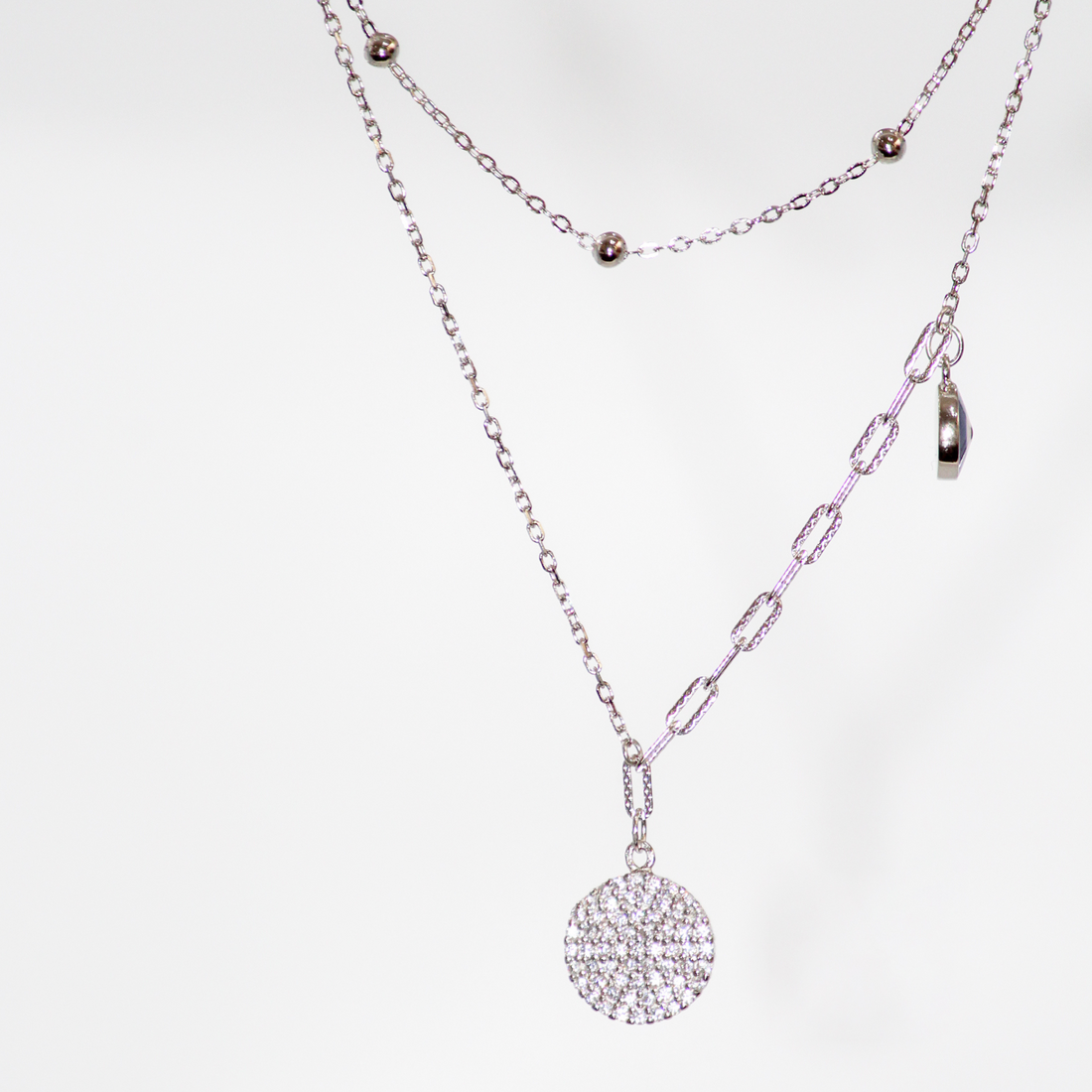 Silver Double Chain Necklace with Evil Eye