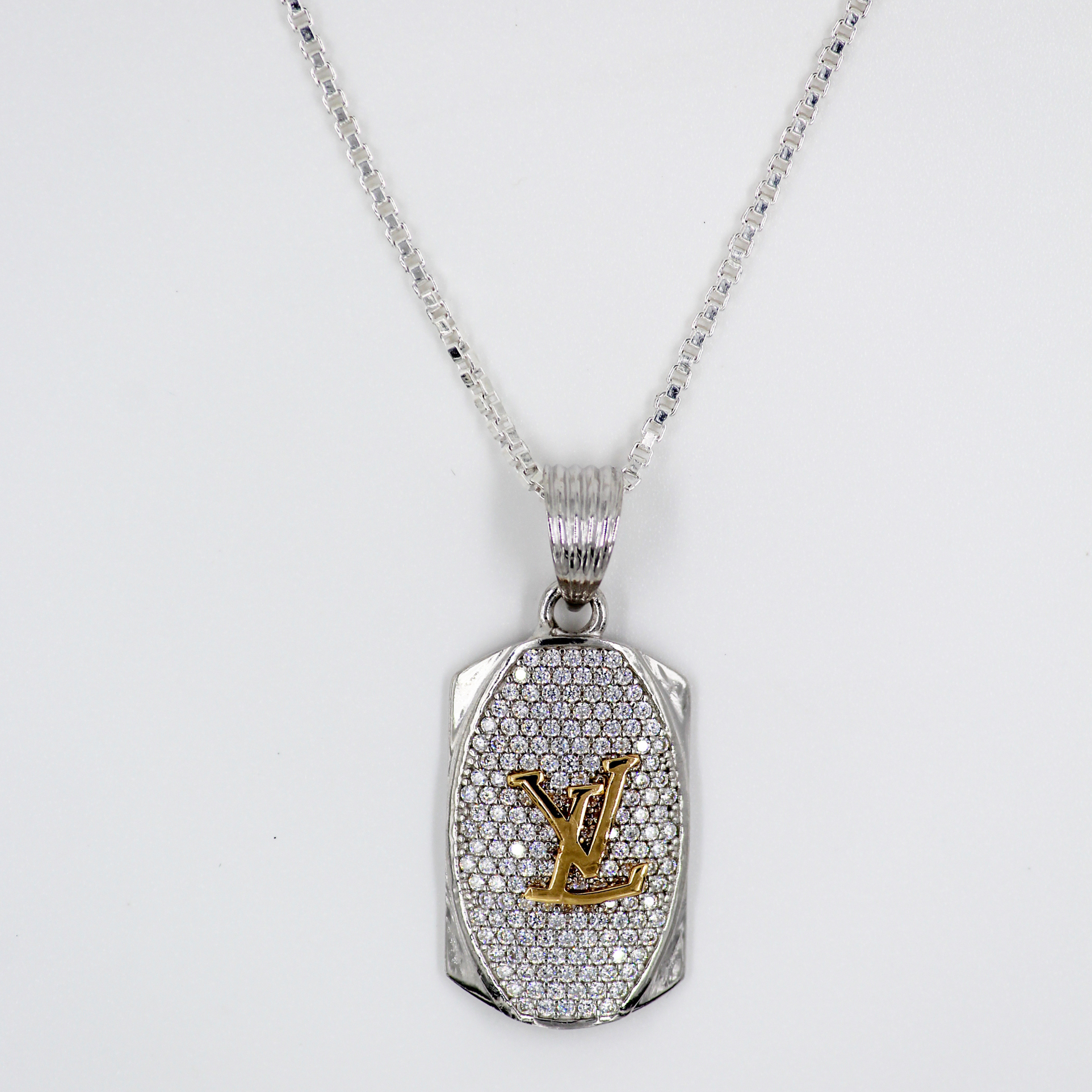 Silver LV Zircon Pendant with Link Chain