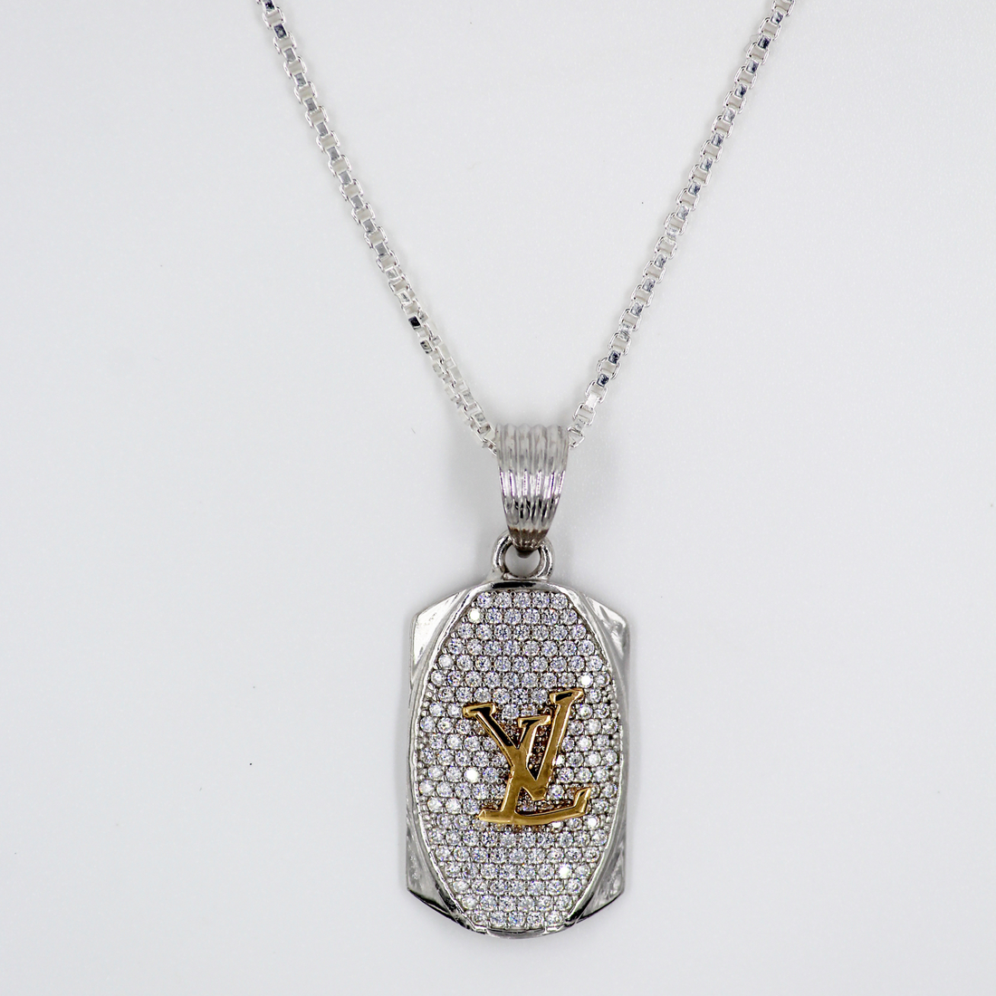 Silver LV Zircon Pendant with Link Chain