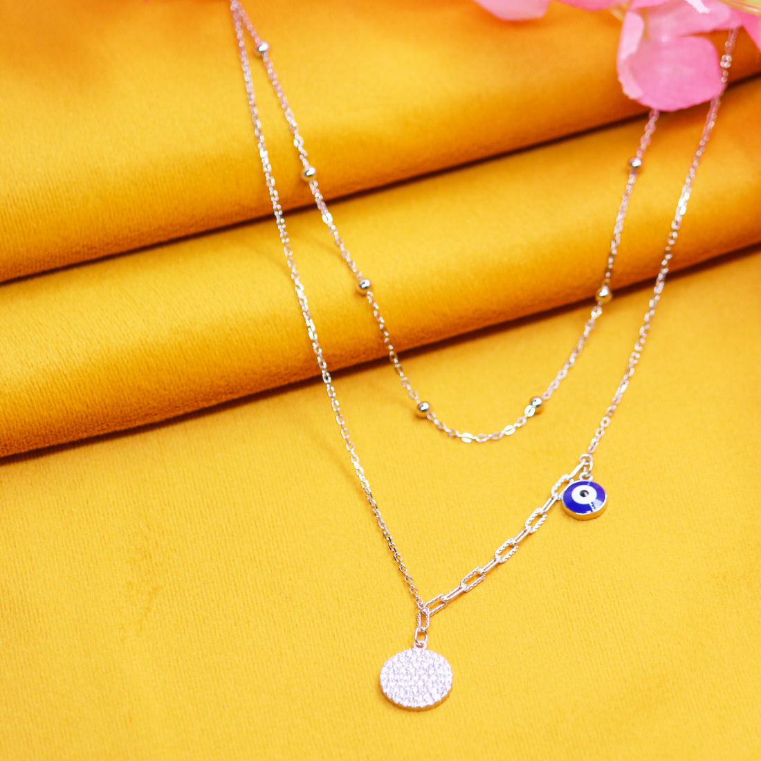 Silver Double Chain Necklace with Evil Eye