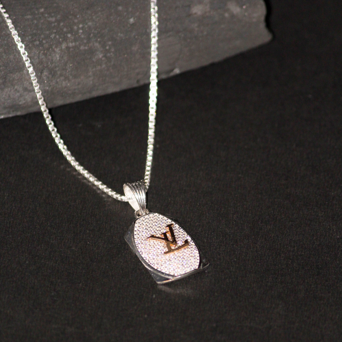 Silver LV Zircon Pendant with Link Chain