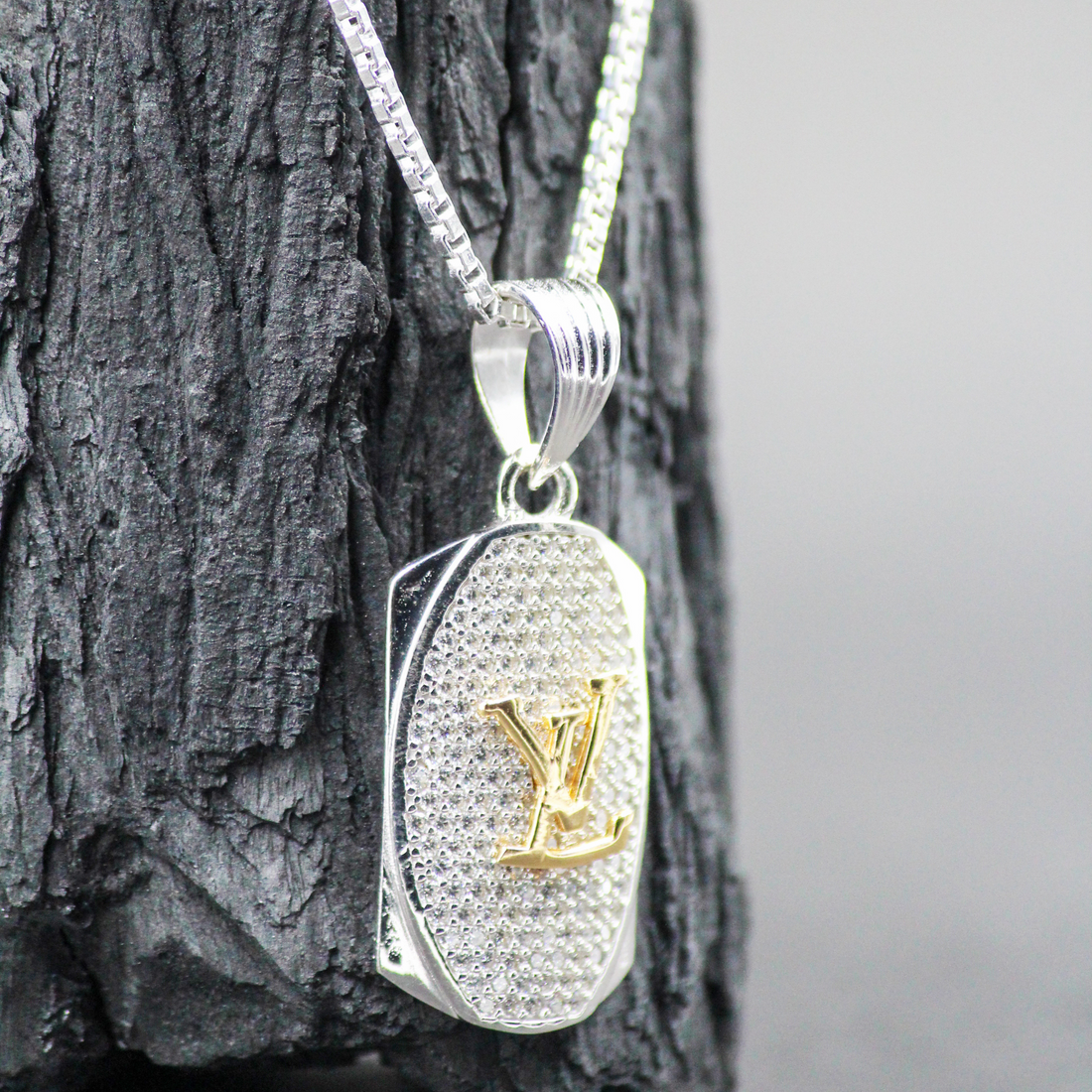 Silver LV Zircon Pendant with Link Chain