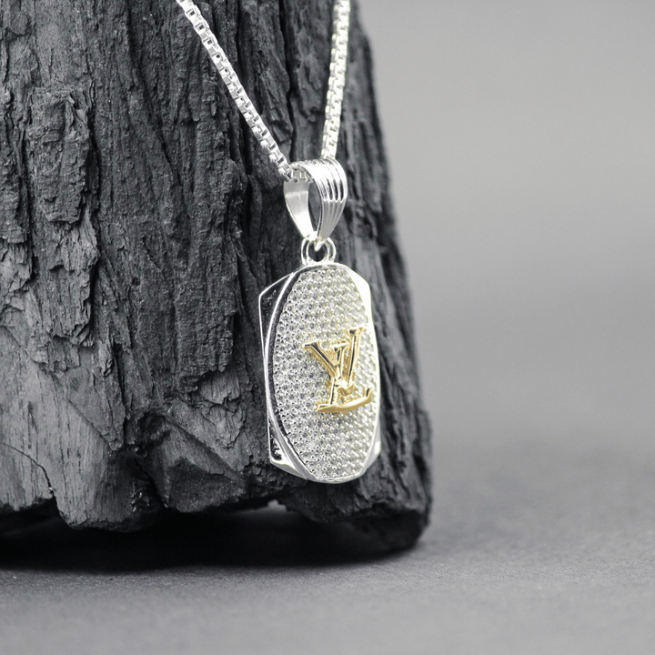 Silver LV Zircon Pendant with Link Chain