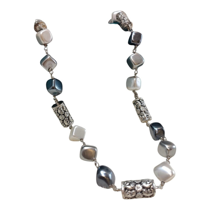 SILVER BEADED LONG OXIDISED NECKLACE