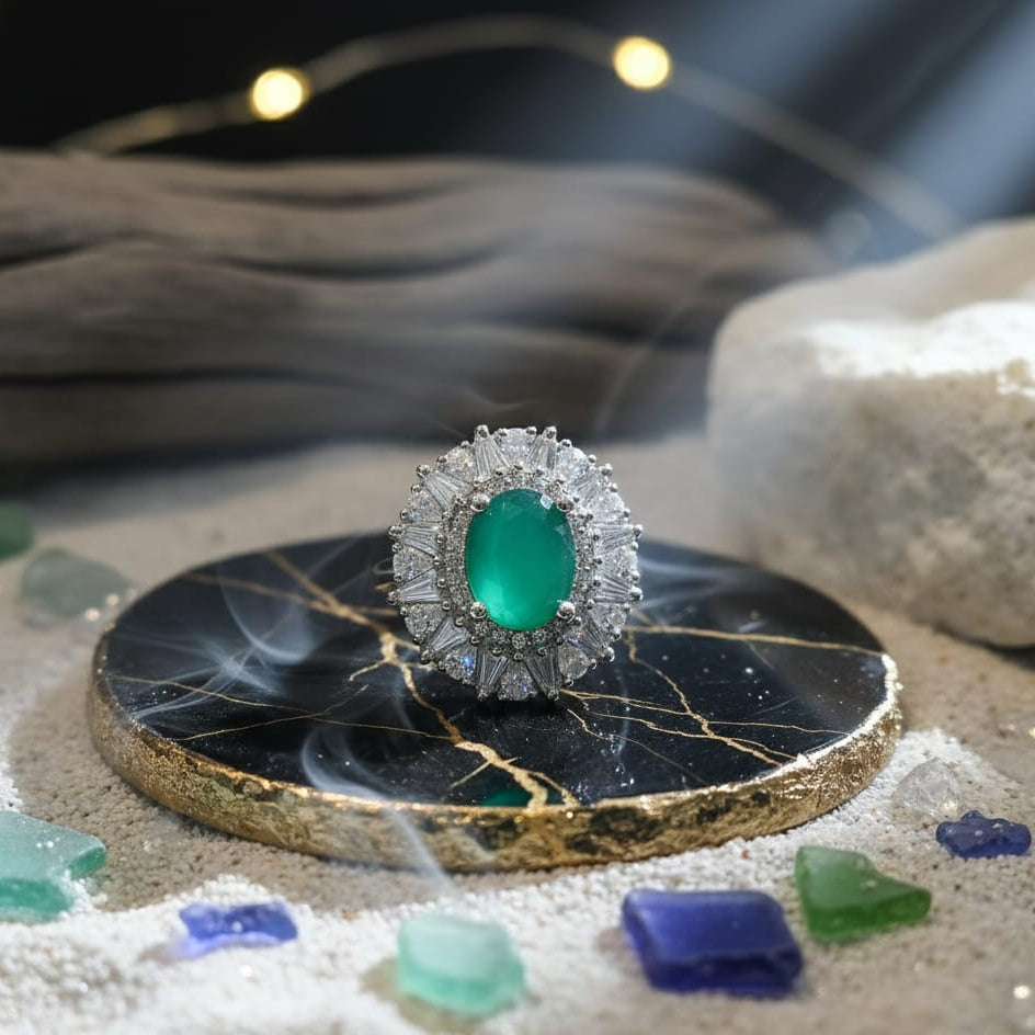 The Elena Emerald Halo Ring