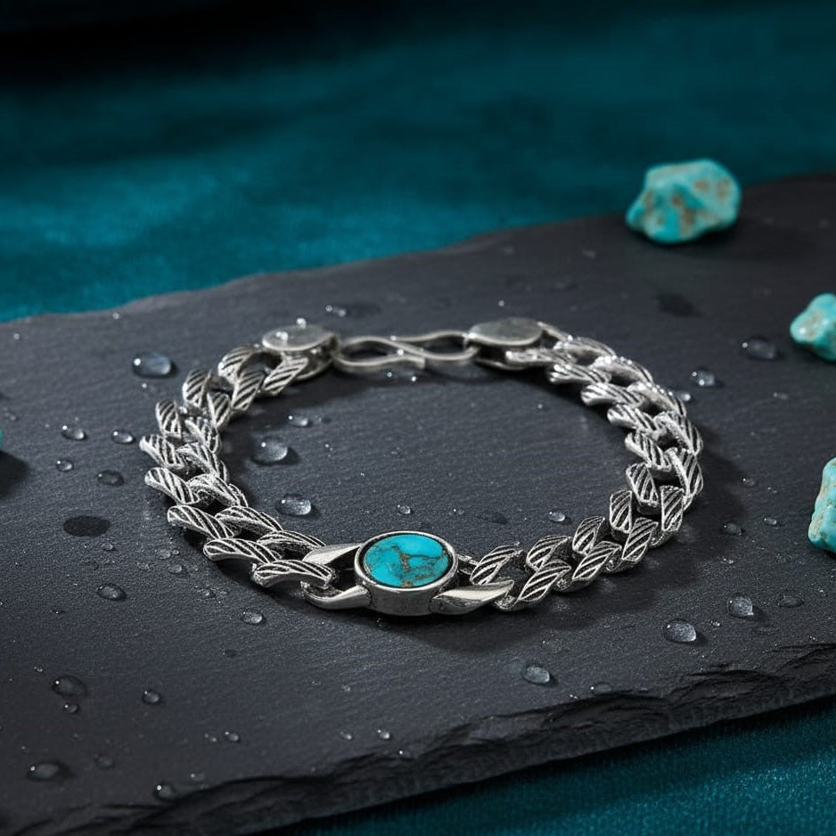 OXIDISED TURQUOISE SILVER BRACELET FOR HIM