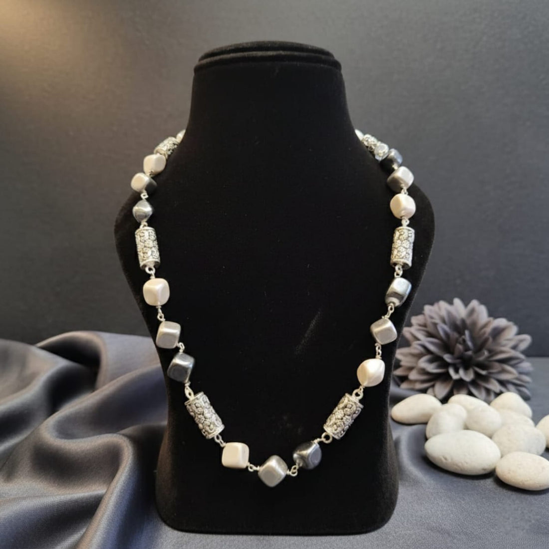 SILVER BEADED LONG OXIDISED NECKLACE