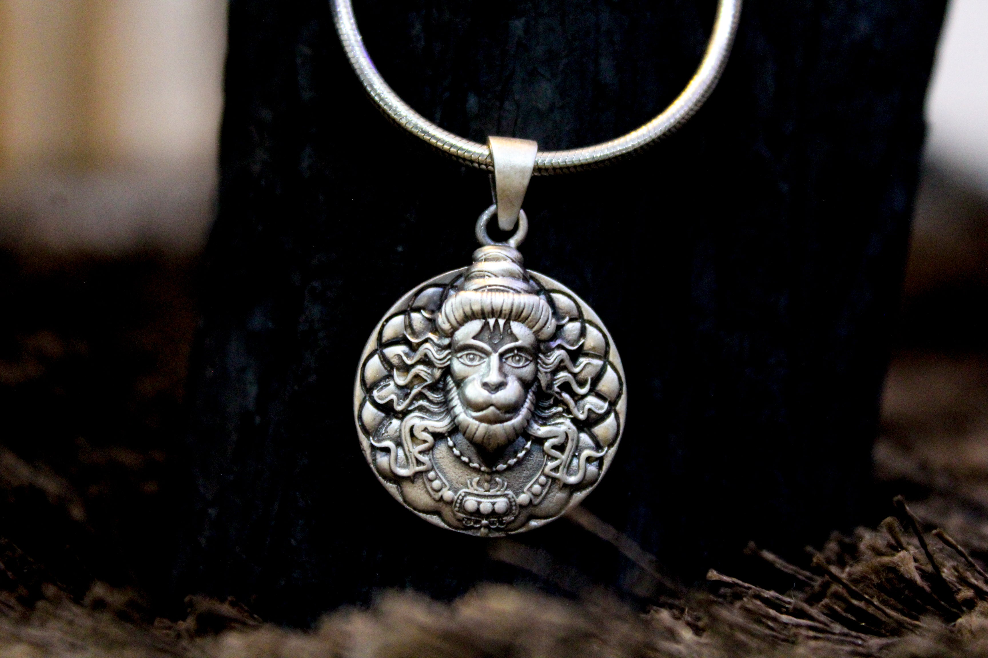 Oxidised Bajrang Bali Amulet 3D With Link Chain