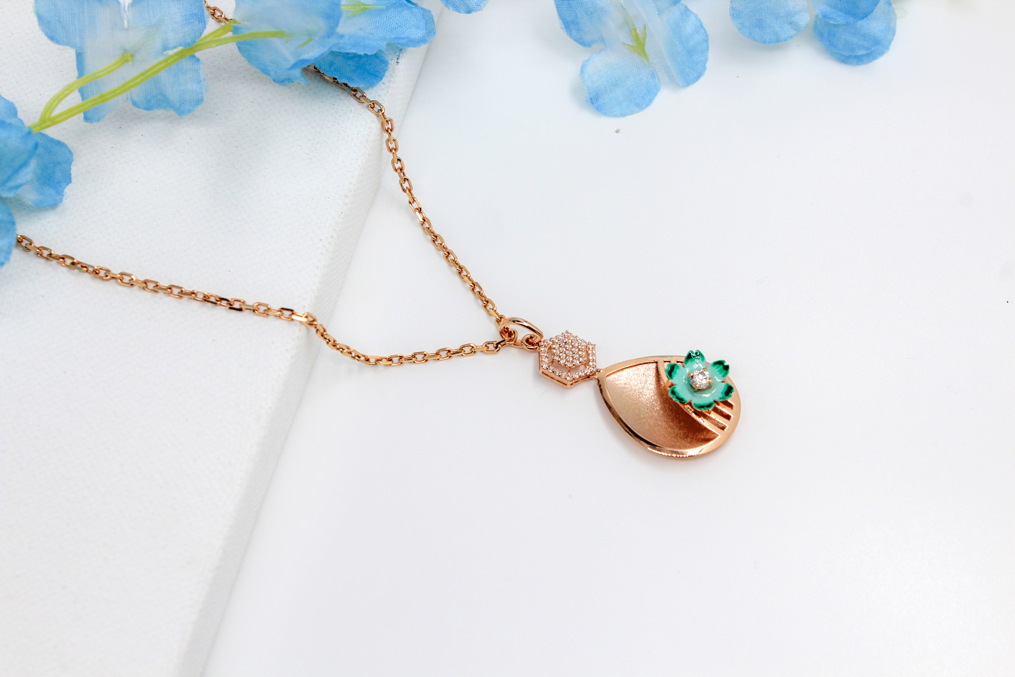 Rose Gold Teardrop Bloom Pendant With Link Chain